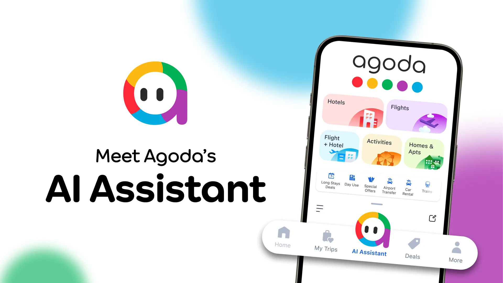 Agoda AI Assistant shown on a smartphone with hotels, flights and activities